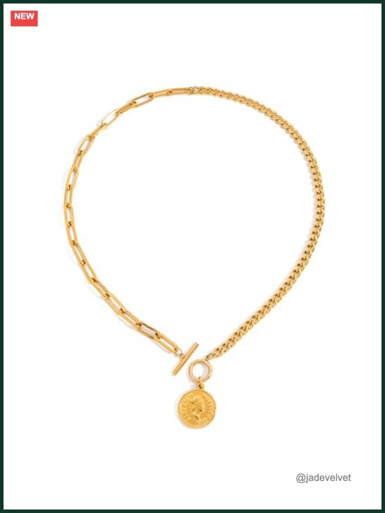 Jewelry - Gold Plated Stainless Steel Chunky Coin Pendant Necklace Toggle Clasp